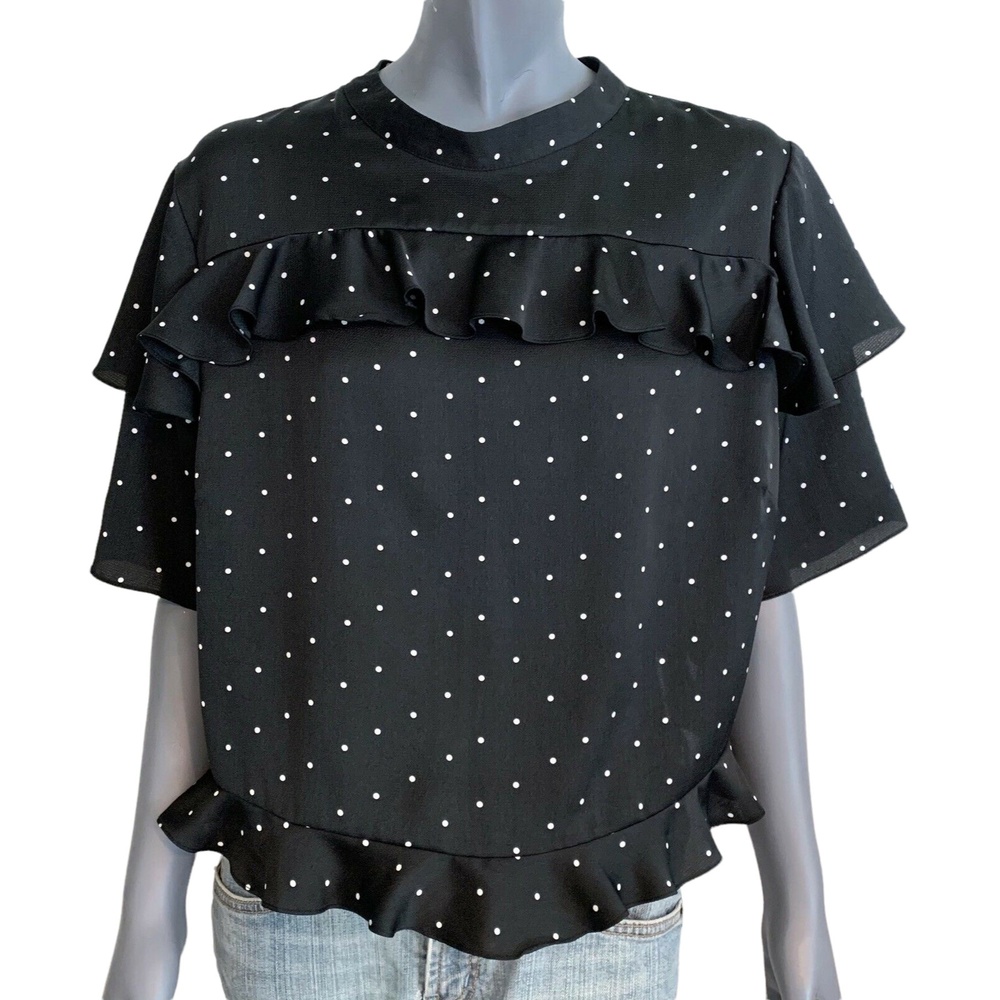 ASOS Womens Top Black White Polka Dots Short Sleeve Crew Neck Ruffle Blouse 18